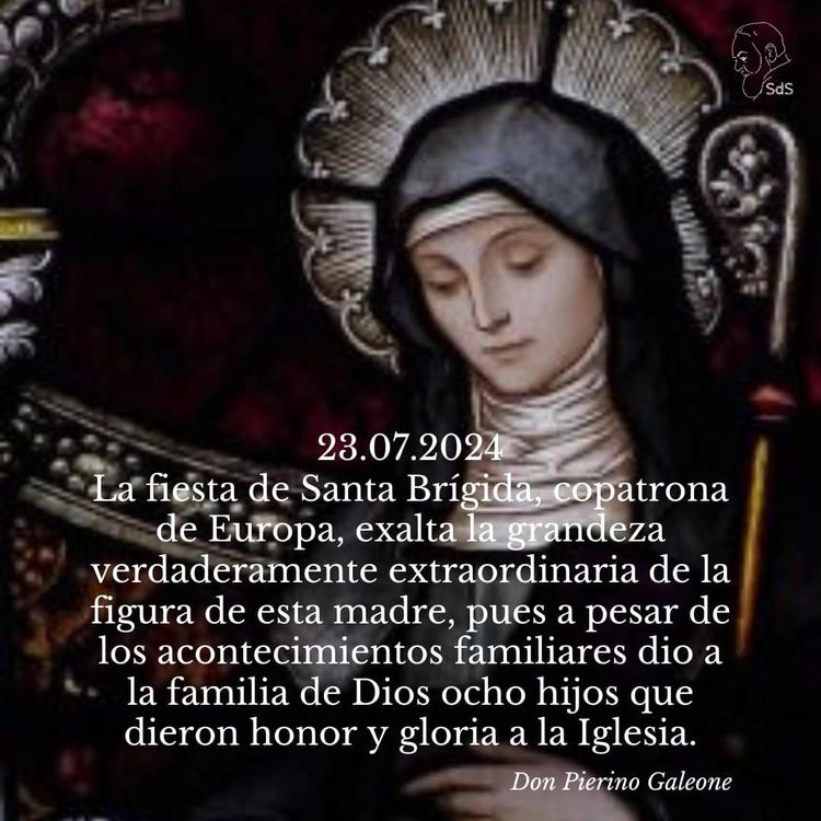 23.07.2024
La fiesta de Santa Brígida, copatrona de Europa, exalta la grandeza verdaderamente extraordinaria de la figura de esta madre, pues a pesar de los acontecimientos familiares dio a la familia de Dios ocho hijos que dieron honor y gloria a la Iglesia.

Padre Pierino Galeone