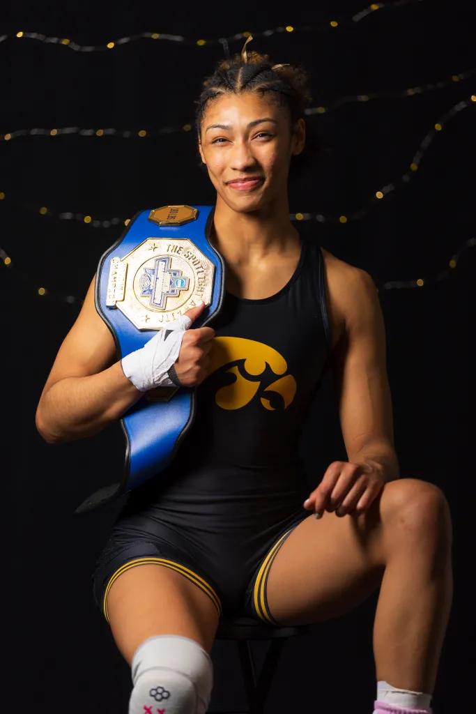 Kennedy Blades of the University of Iowa poses for a photo at the National Collegiate Women’s Wrestling Championship on March 7, 2026, at Xtream Arena in Coralville, Iowa. 