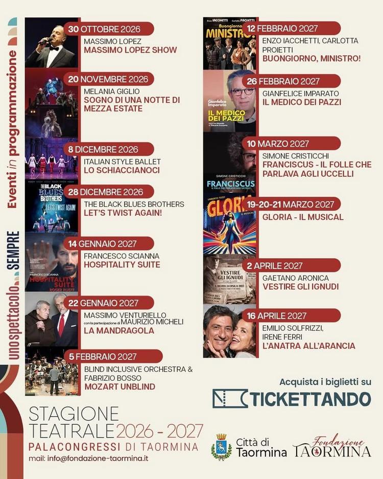 Una stagione da vivere, spettacolo dopo spettacolo. Dal 30 ottobre 2026 al 16 aprile 2027, il Palacongressi di Taormina...