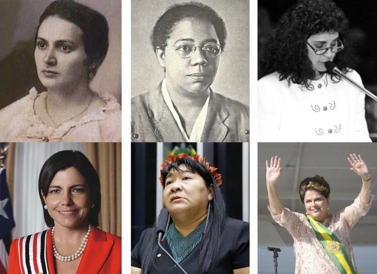 Alzira Soriano (Foto: Reprodução), Antonieta de Barros (Foto: Reprodução), Júnia Marise (Foto: Agência Senado), Joênia Wapichana (Foto: Vinicius Loures / Câmara dos Deputados) e Dilma Rousseff (Foto: Jefferson Rudy / Agência Senado): mulheres pioneiras nas eleições