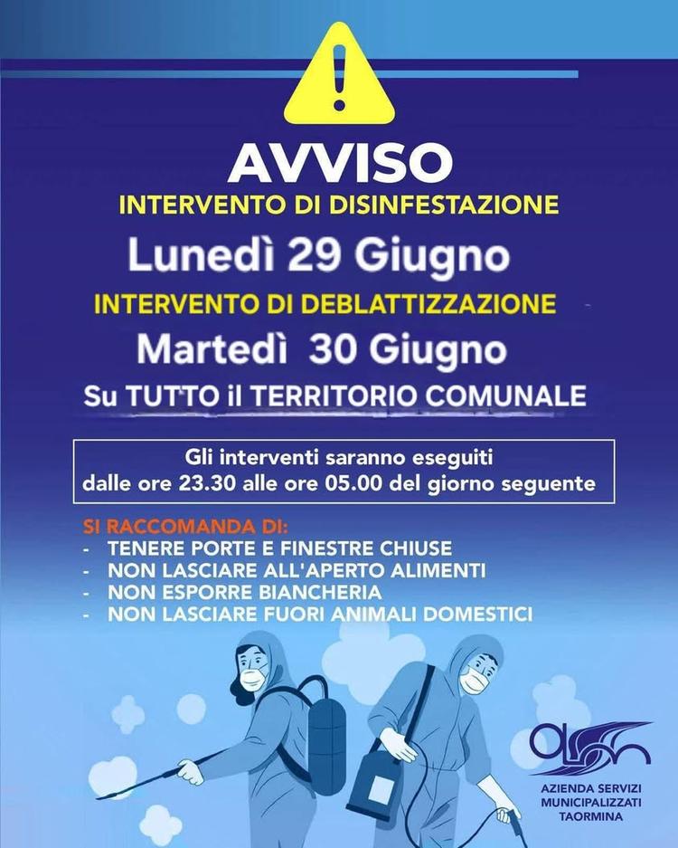 ASM Taormina informa i cittadini che saranno effettuati i seguenti interventi su tutto il territorio comunale: DISINFEST...