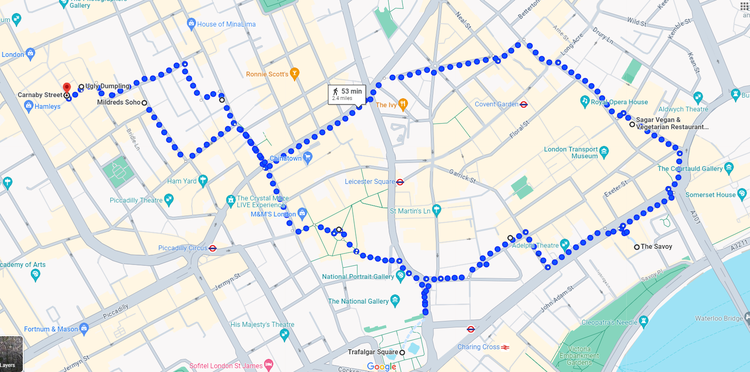 Overview of the route through Soho and Covent Garden, Leicester Square, Trafalgar Square, Carnaby Street, The Savoy and Vegan Restaurants 