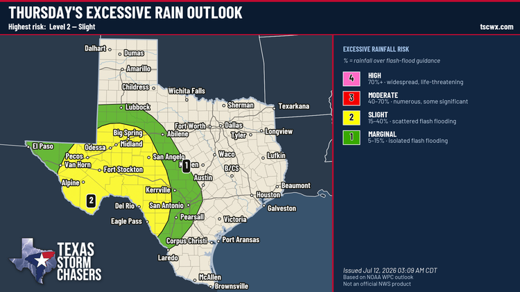 Thursday excessive rain outlook for Texas showing a Level 2 slight flash flooding risk across West Texas, the Trans-Pecos, and parts of the Hill Country.