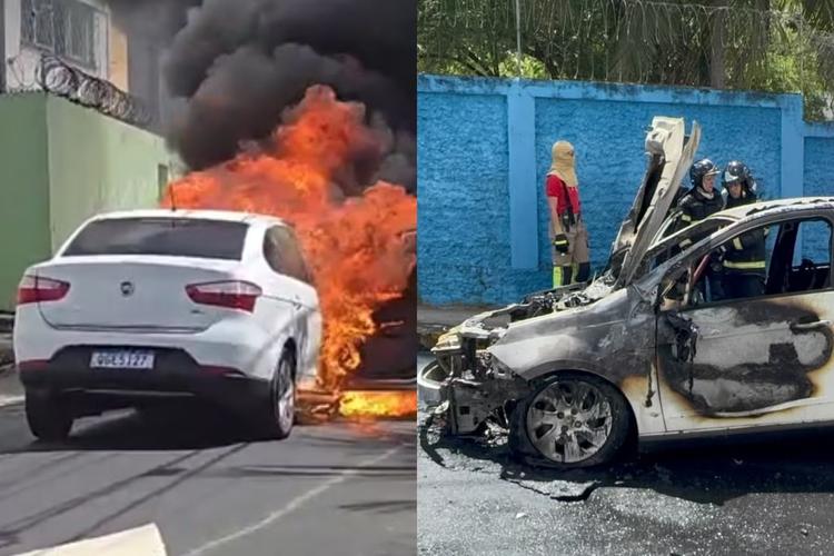 VÍDEO: Carro fica com frente destruída após pegar fogo em Natal
