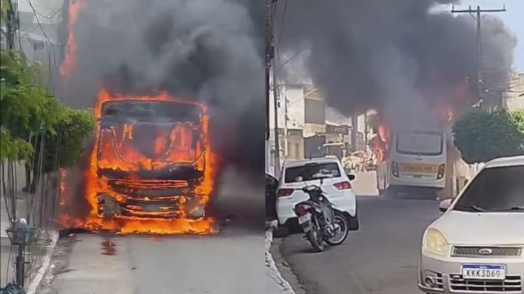 Ônibus escolar fica destruído após pegar fogo no meio da rua; VÍDEO