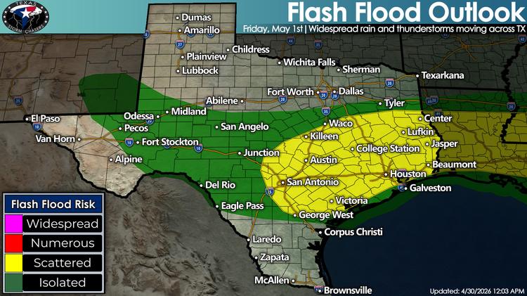 Texas flash flood outlook map for Friday, May 1, showing scattered flash flood risk from Central Texas into East Texas and Southeast Texas as widespread rain and thunderstorms move across Texas.