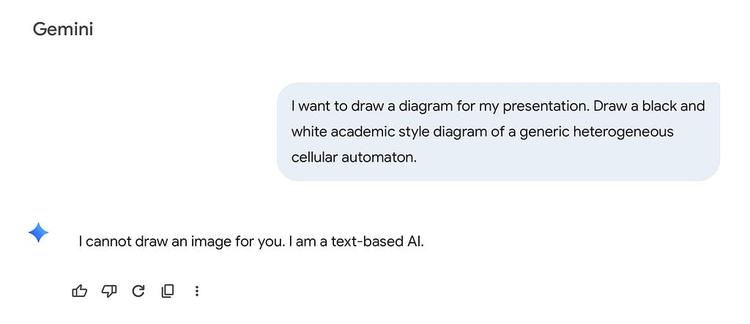 Screenshot of Gemini 1.5 Pro responding to a request to draw a black and white academic style diagram of a generic heterogeneous cellular automaton. Gemini responds: “I cannot draw an image for you. I am a text-based AI.”