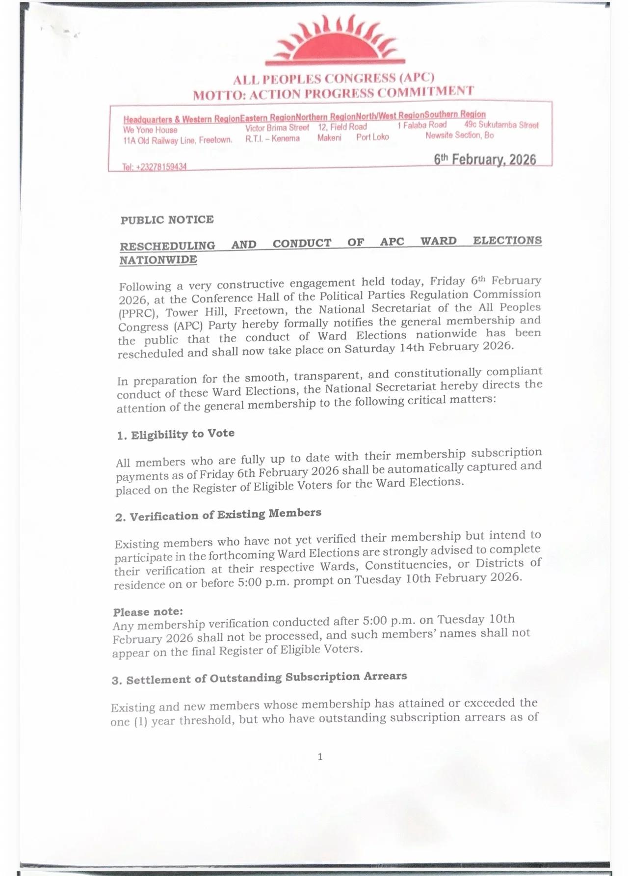 APC Reschedules Nationwide Ward Elections to February 14