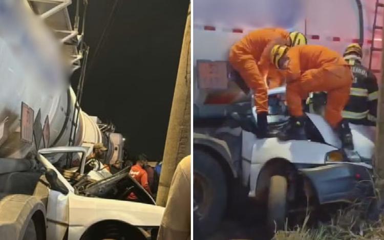 Motorista morre após carro ficar prensado entre caminhão e poste em Aparecida de Goiânia