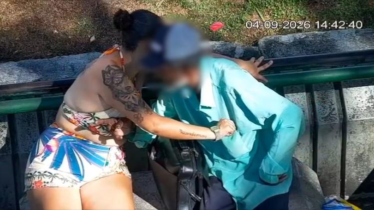 VÍDEO: Mulher furta carteira de homem enquanto conversava com ele em praça e é presa em Linhares
