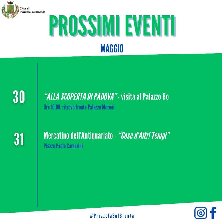 🗓️ Gli eventi di quest’ultima settimana di Maggio a📍Piazzola sul Brenta! #allascopertadipadova #palazzoBo #mercatinode...