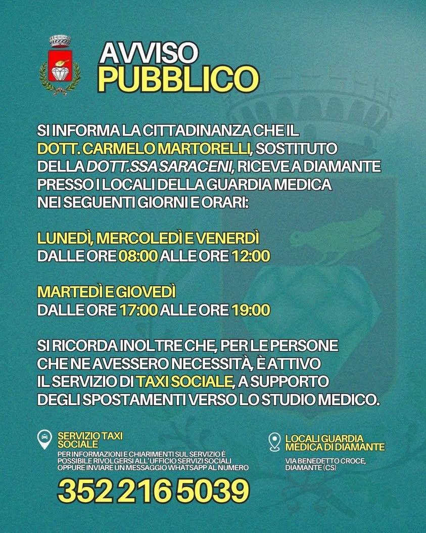 Il Dott. Carmelo Martorelli, sostituto della Dott.ssa Saraceni, riceve a Diamante, presso i locali della Guardia Medica,...
