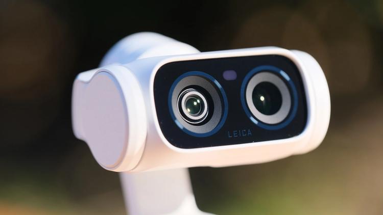 A close-up of the Insta360 Luna Ultra's dual lenses, with the Leica brand clearly visible.