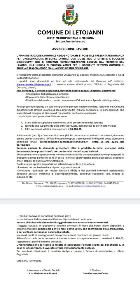 📌AVVISO BORSE LAVORO 📄L’Amministrazione Comunale rende noto che è possibile fare domanda per l'assegnazione di Borse L...