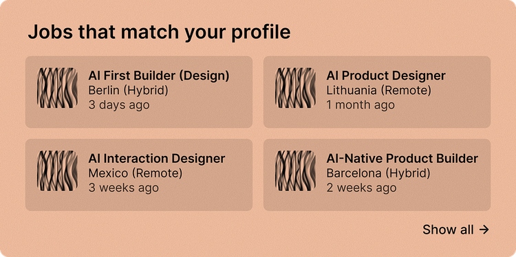 Job board panel showing four AI-focused design roles — AI Product Designer, AI Experience Designer and similar — across different countries.