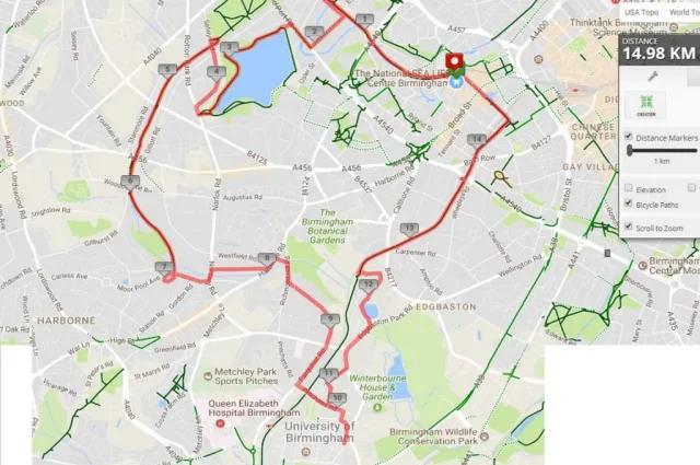 Route overview of the Edgbaston Reservoir Cycle Route