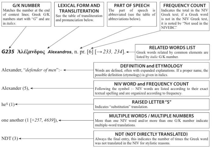 Annotated dictionary-entry diagram explaining each element of a word entry from the NIV Exhaustive Concordance Dictionary