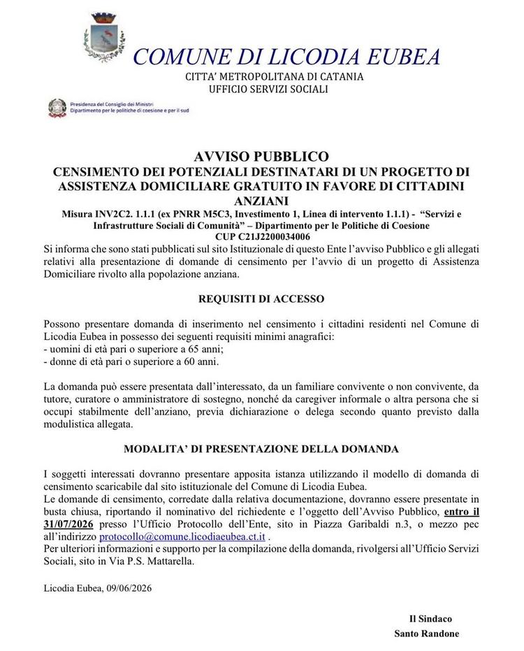 👵🧓💙 Il Comune di Licodia Eubea informa la cittadinanza che è stato pubblicato l’Avviso per il censimento dei potenzia...