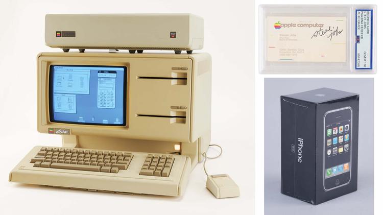 A composite of items available in the Apple auction, including a Lisa computer, Steve Jobs' signed business card, and a sealed first-generation iPhone.