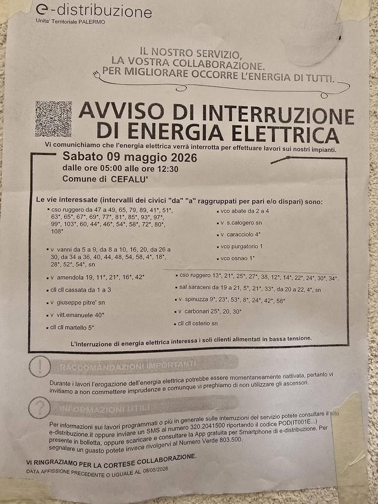 INFORMAZIONE  ENEL e-distribuzione ha reso noto l’Avviso di distacco energia elettrica per giorno 9 maggio dalle ore 5:0...