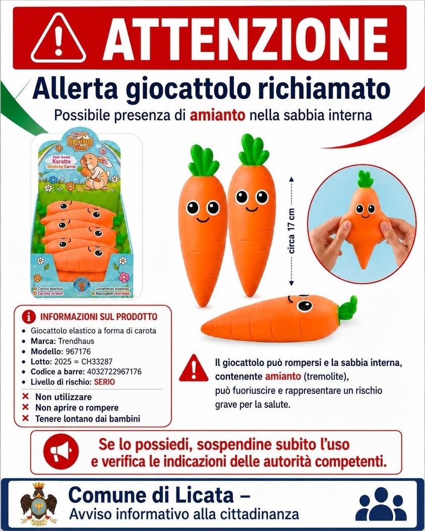 ⚠️ ALLERTA DI SICUREZZA – RICHIAMO GIOCATTOLO CONTENENTE SABBIA CONTAMINATA DA AMIANTO L’Amministrazione Comunale di Lic...