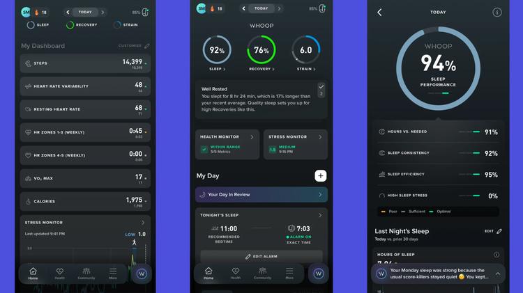 Three screenshots from the Whoop app