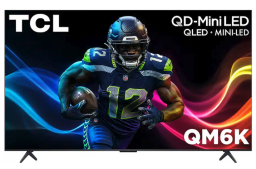 TCL QM6K TV with football player and colorful streak on screen