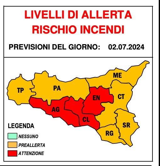 Domani, martedì 02/07/2024, PERICOLOSITA' INCENDI ALTA su AG, CL e EN, con dichiarato livello di ATTENZIONE RISCHIO INCE...