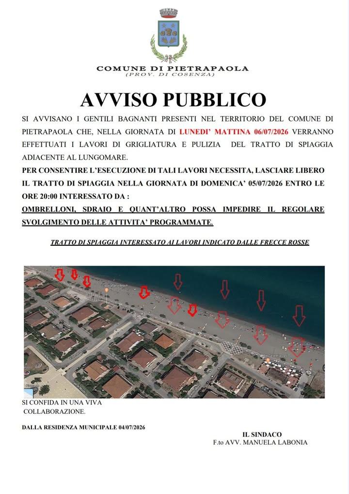 📢 Avviso alla cittadinanza e ai bagnanti Si invita a liberare entro le ore 20:00 di domenica 5 luglio il tratto di spia...
