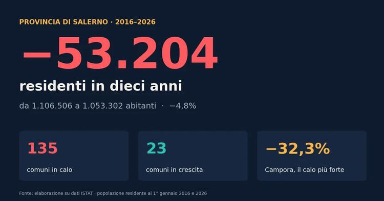 Salerno, in dieci anni persi 53mila abitanti: i comuni che si svuotano