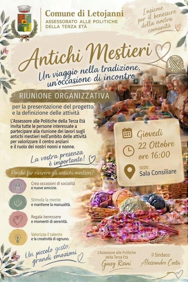📌RIUNIONE ORGANIZZATIVA ANTICHI MESTIERI Giovedì 22 ottobre alle ore 16:00 in aula consiliare si terrà una riunione org...