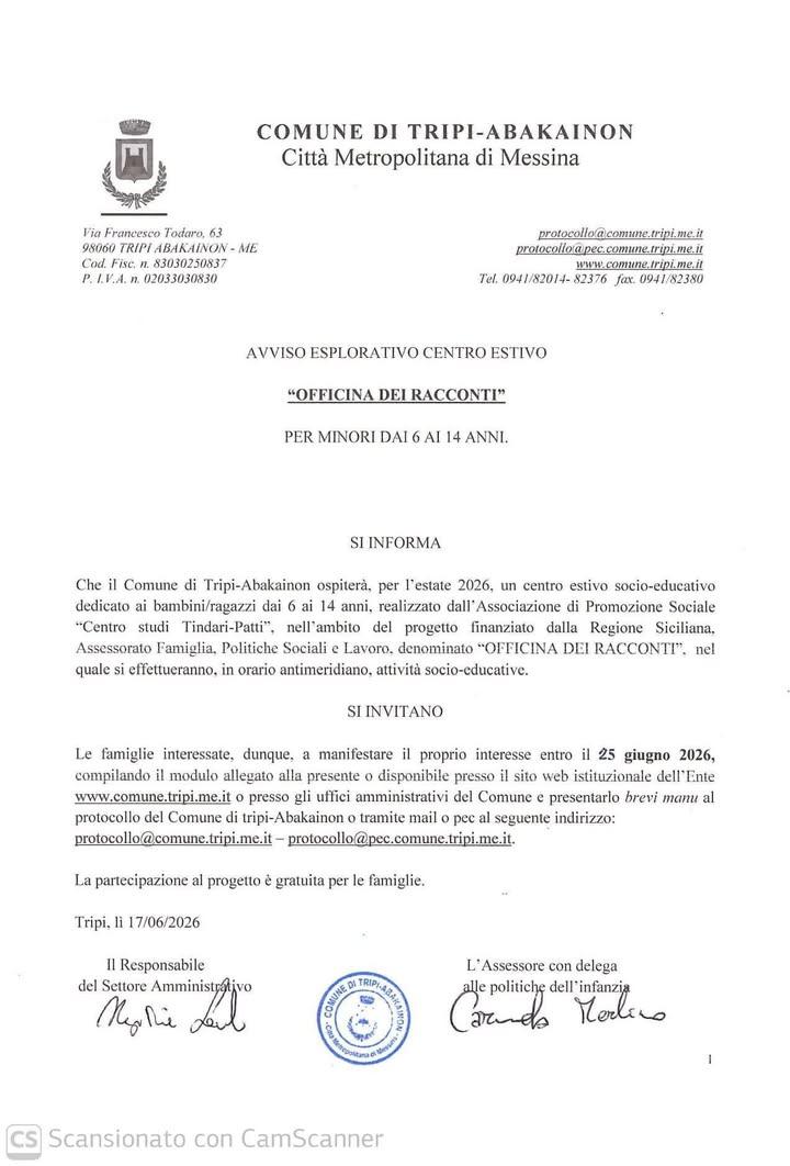 🌞📚 Centro Estivo 2026 – “Officina dei Racconti” 👧🧒 📣 Il Comune di Tripi-Abakainon informa le famiglie che, per l’es...