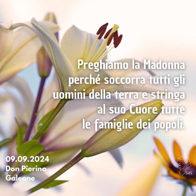 09.09.24
Preghiamo la Madonna perché soccorra tutti gli uomini della terra e stringa al suo Cuore tutte le famiglie dei popoli.

Don Pierino Galeone