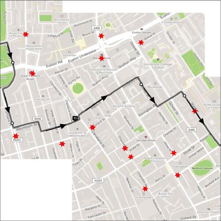 Part 9 of the London Cycle Hoxton & Regents Park from Weymouth Street to Maple Street towards The Royal Academy of Dramatic Art (RADA)