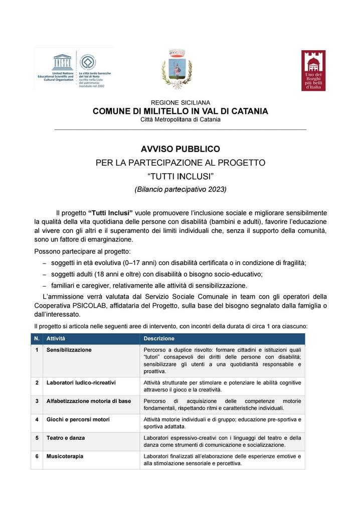 Si pubblica l'Avviso per la partecipazione al progetto “Tutti Inclusi  ”(Bilancio partecipativo 2023). Gli interessati p...