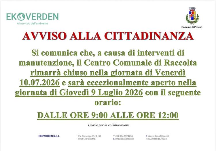 ⚠️ Avviso CCR❗️ ❌ Chiuso giorno 10/07/2026. ✅ Aperto giorno 09/07/2026 dalle ore 09:00 alle ore 12:00.