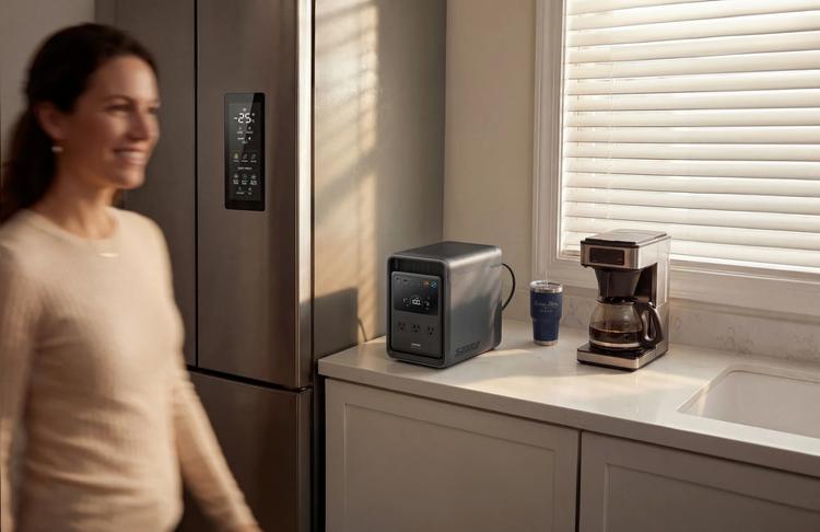 a person walks by the anker solix which is sitting on the countertop in a kitchen