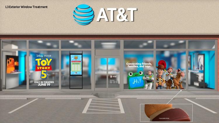 Renderings of the Toy Story 5 in-store experiences coming June 8 to select AT&T stores.