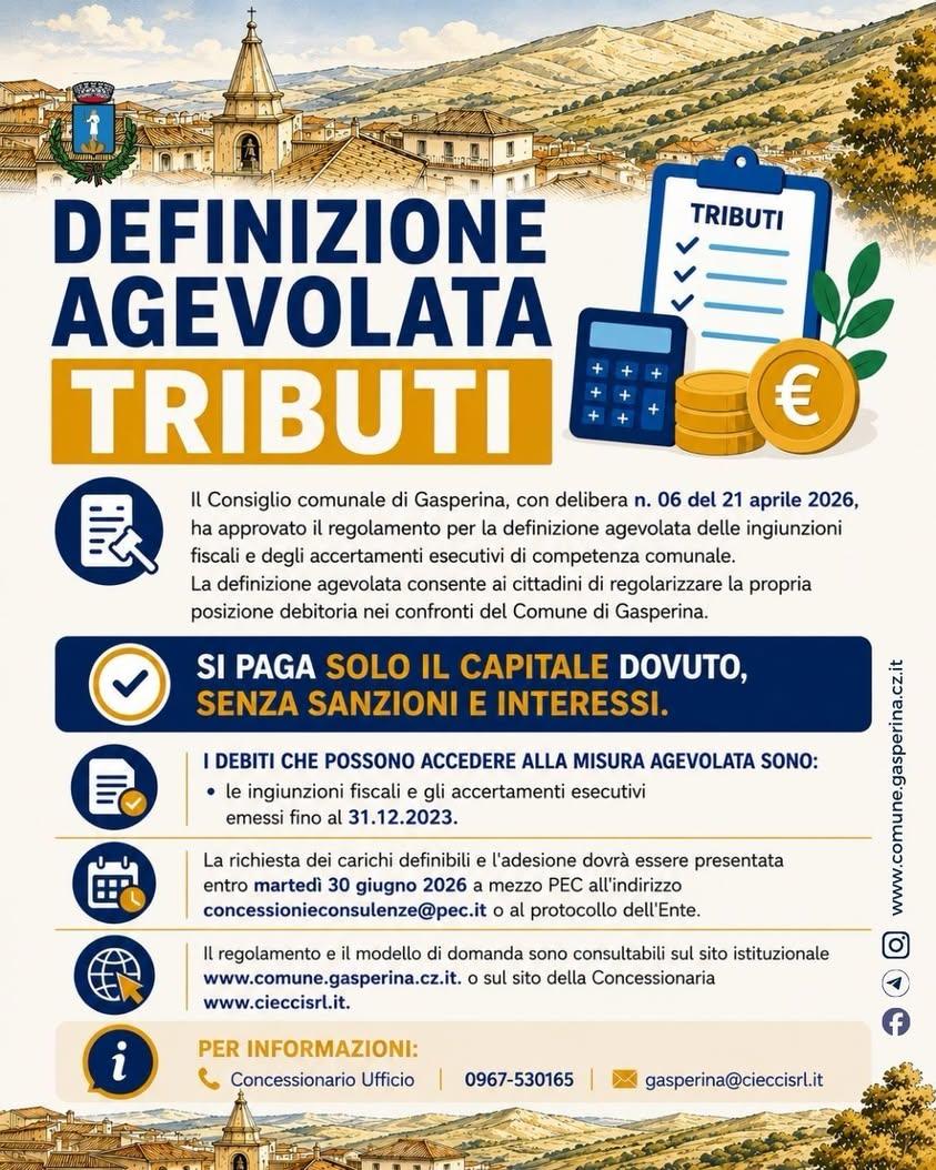 #ComuneGasperina 🟢 Definizione agevolata tributi ▶️ Scade il 30 giugno 2026.