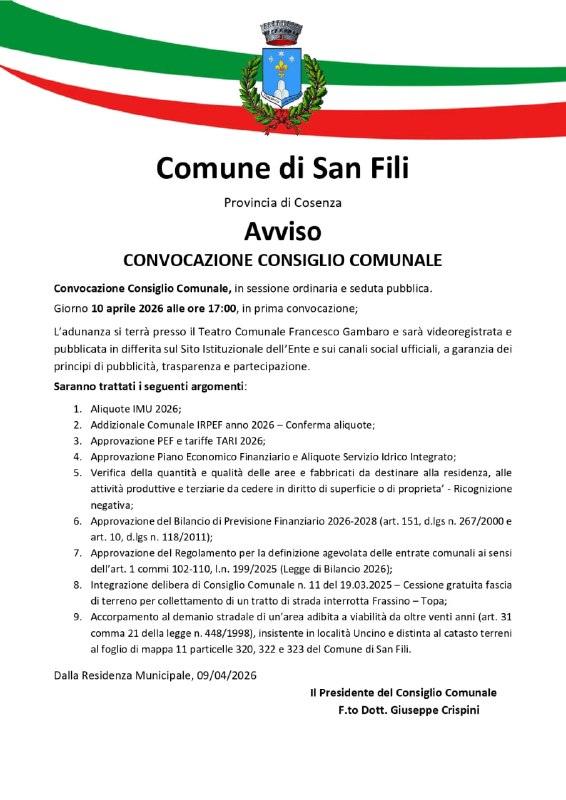 𝐀𝐯𝐯𝐢𝐬𝐨 - 𝐂𝐨𝐧𝐯𝐨𝐜𝐚𝐳𝐢𝐨𝐧𝐞 𝐂𝐨𝐧𝐬𝐢𝐠𝐥𝐢𝐨 𝐂𝐨𝐦𝐮𝐧𝐚𝐥𝐞 📌 10 aprile 2026 - ore 17:00
