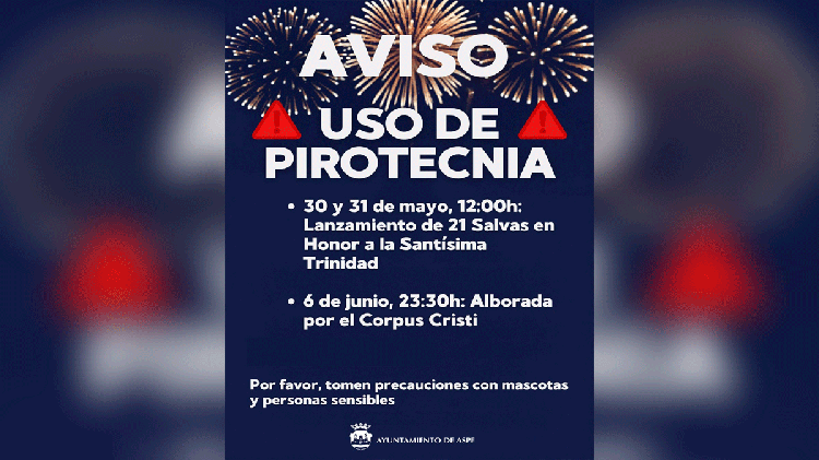 #Aspe: Anuncio de actos pirotécnicos para los próximos días con motivo de celebraciones religiosas