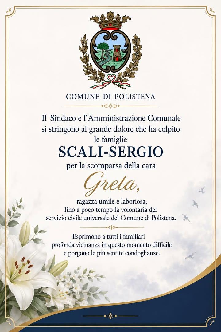 Il Sindaco e l’Amministrazione Comunale si stringono al grande dolore che ha colpito le famiglie SCALI-SERGIO per la sco...