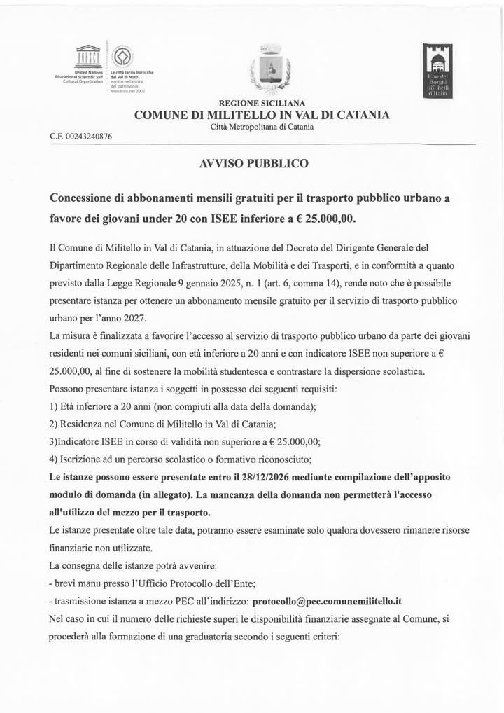 Concessione di abbonamenti mensili gratuiti per il trasporto pubblico urbano a favore dei gÍovani under 20 con ISEE infe...