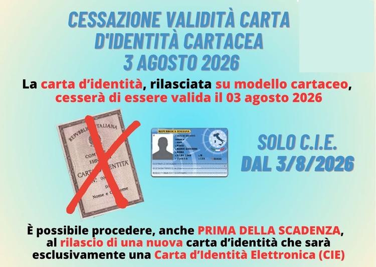 🔔 ATTENZIONE – SCADENZA CARTE DI IDENTITÀ CARTACEE Dal 3 agosto 2026, in base a quanto previsto dal Regolamento UE 1157...