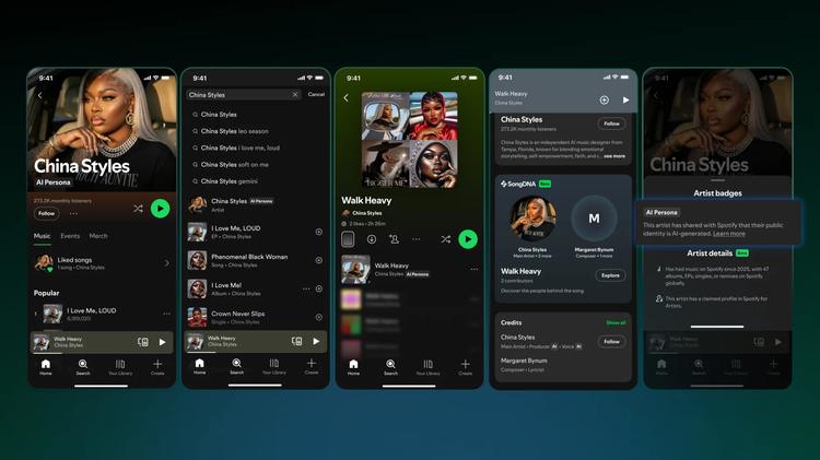 Example of AI persona China Styles on Spotify demonstrating badges and song credits