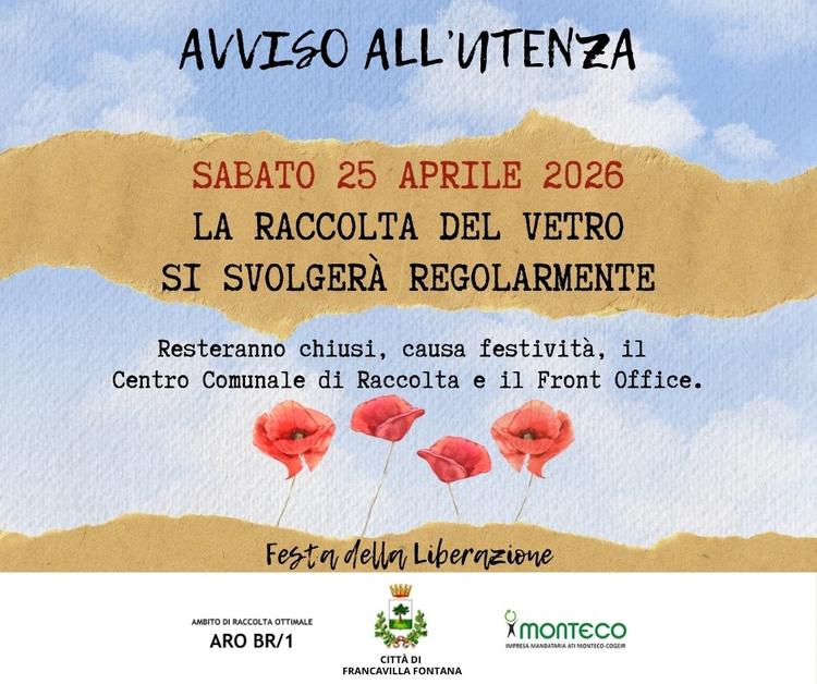Domani, sabato 25 aprile, la raccolta del vetro si svolgerà regolarmente. Resteranno invece chiusi, per via della festiv...