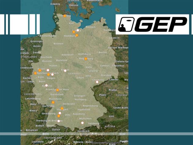 Geografische Übersicht der UFO-Sichtungsmeldungen aus Deutschland an die GEP im Januar 2024. Orangefarbene Punkte markieren bearbeitete, weiße unbearbeitete Meldungen.Copyright: GEP, ufo-forschung.de
