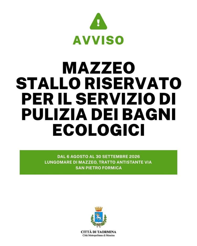 Mazzeo: istituito uno stallo riservato per il servizio di pulizia dei bagni ecologici Con Ordinanza n. 196 del 3 agosto...