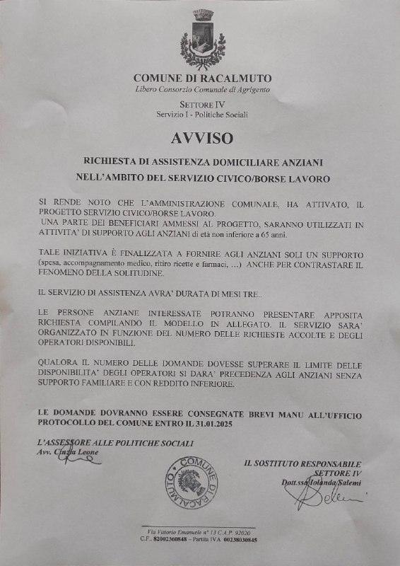 Richiesta di assistenza domiciliare anziani nell'ambito del servizio Civico/Borse Lavoro