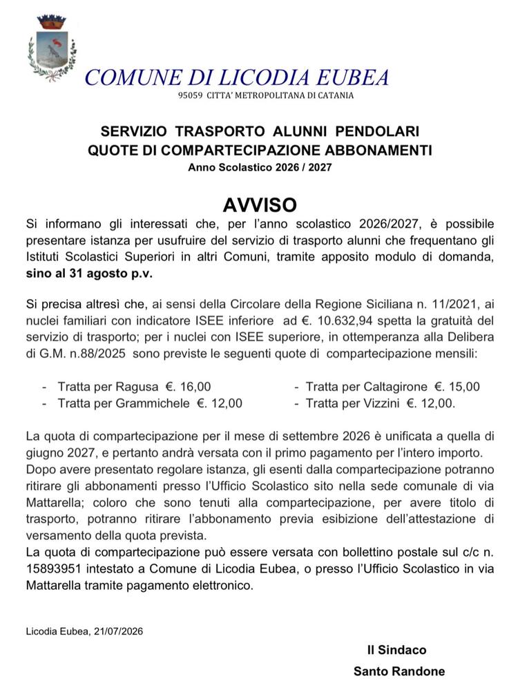 🚎 𝐒𝐞𝐫𝐯𝐢𝐳𝐢𝐨 𝐓𝐫𝐚𝐬𝐩𝐨𝐫𝐭𝐨 𝐀𝐥𝐮𝐧𝐧𝐢 𝐏𝐞𝐧𝐝𝐨𝐥𝐚𝐫𝐢 𝐀𝐧𝐧𝐨 𝐒𝐜𝐨𝐥𝐚𝐬𝐭𝐢𝐜𝐨 𝟐𝟎𝟐𝟔/𝟐𝟎𝟐𝟕 S...